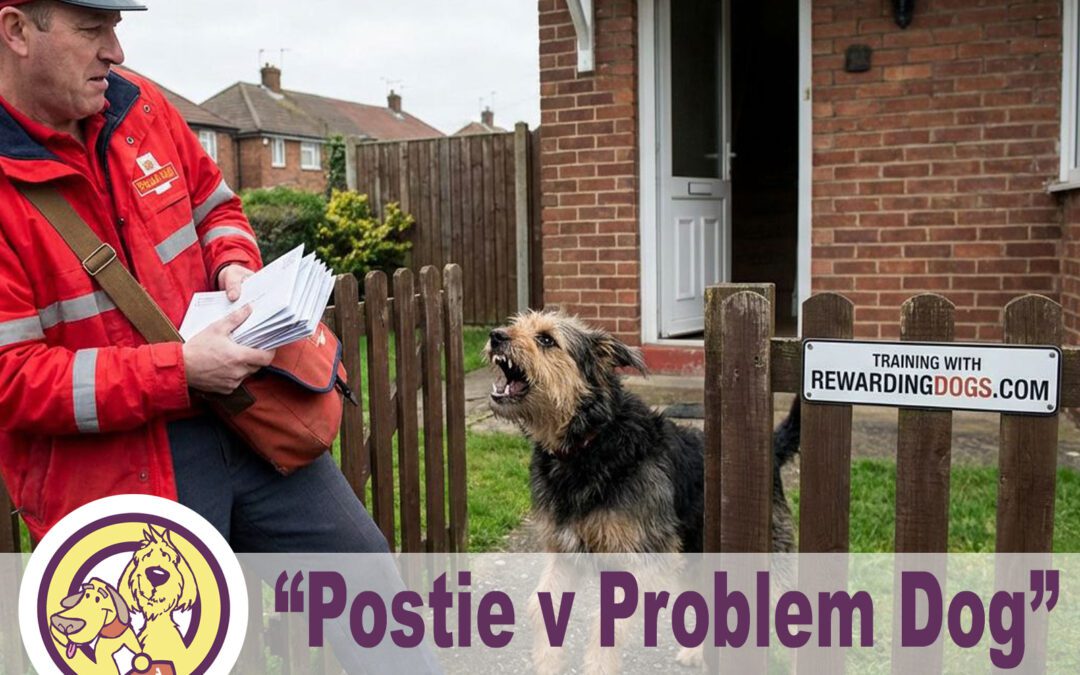 A postman stands by a fence, holding post, while a barking dog faces him aggressively. A sign on the fence reads "TRAINING WITH REWARDINGDOGS.COM." Text at the bottom says "Behaviour Issues? Rewarding Dogs can help.
