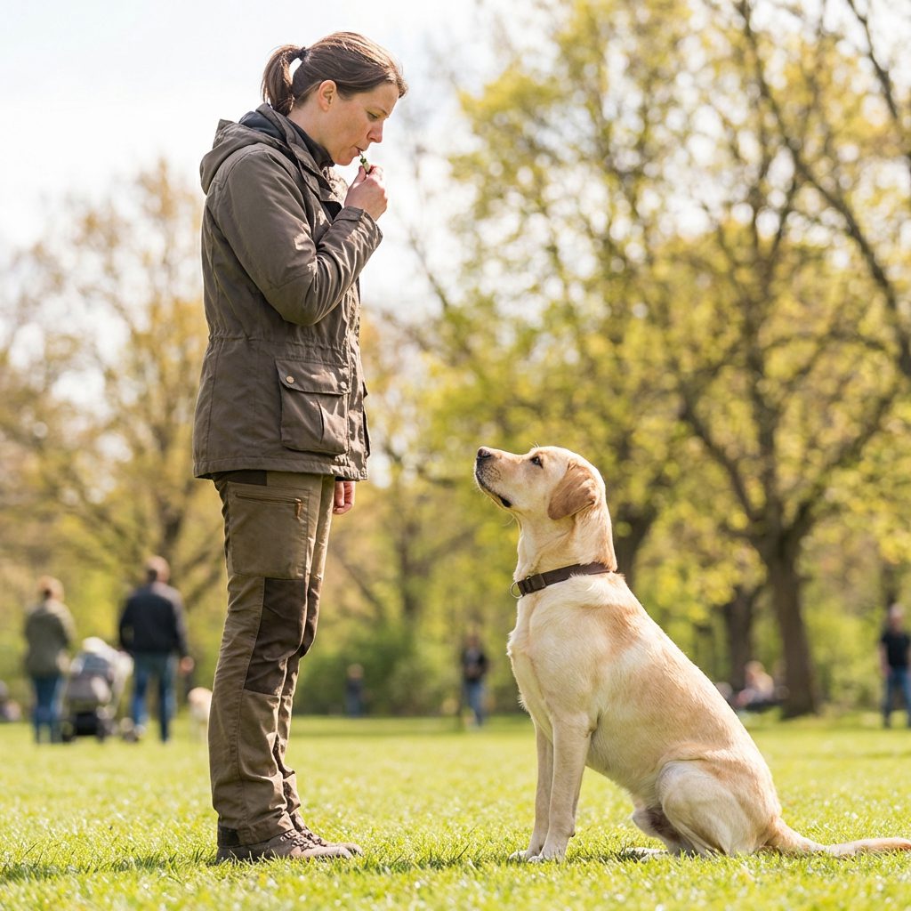 A person stands in a grassy park in Inverness, giving a hand signal to a yellow Labrador sitting attentively in front of them, as a dog behaviourist demonstrates rewarding dogs. Trees and people are visible in the background.